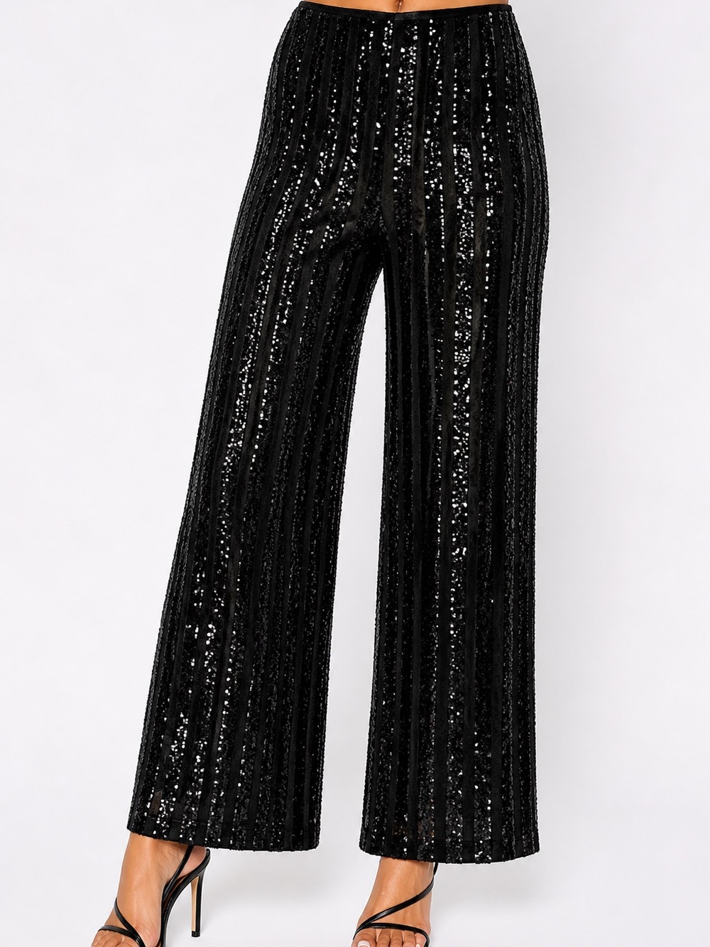 AKIRA Black Sequin Stripe Wide Leg Pants NWT | High Waist Glam | Small